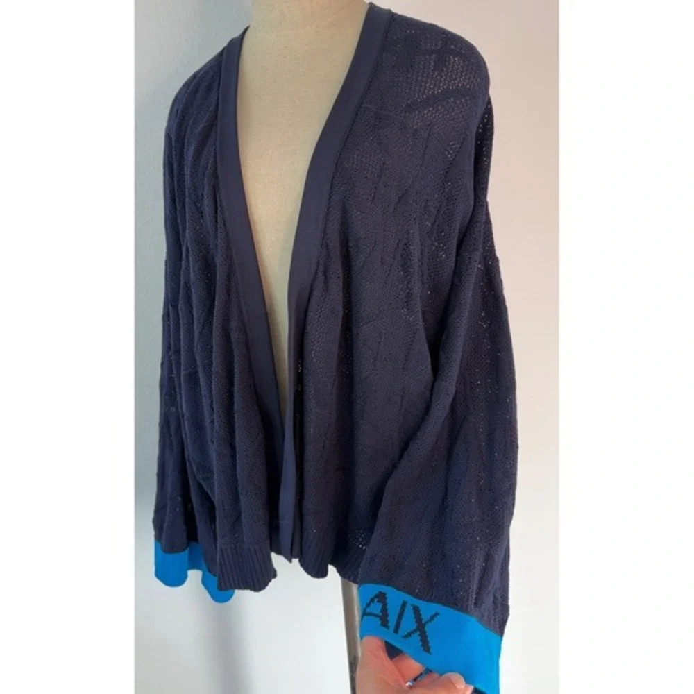 A/X Armani Exchange Navy Blue Logo Knit Open Front Cardigan Oversized Colorblock